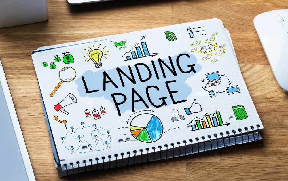 A scrap book on a table with doodled landing page planning & strategy