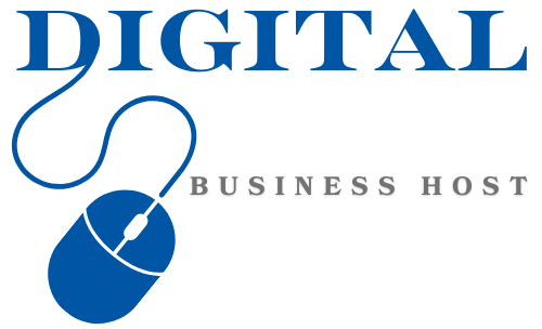 logo written digital business host in blue and grey and a blue computer mouse