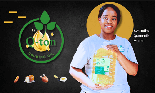 A woman holding a cooking oil wearing a white t-shirt, with a yellow round background over her head and a big green logo, with 3D food icons bellow