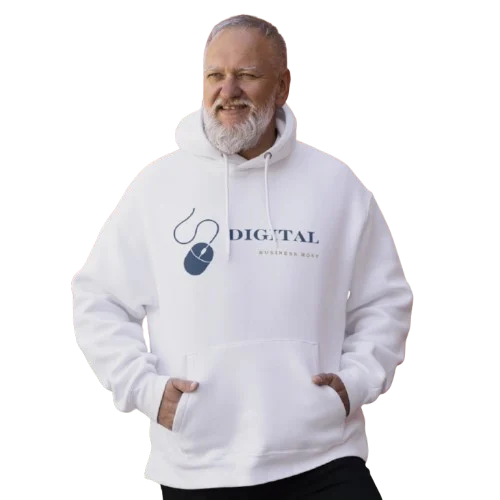 a man wearing a white branded hoodie
