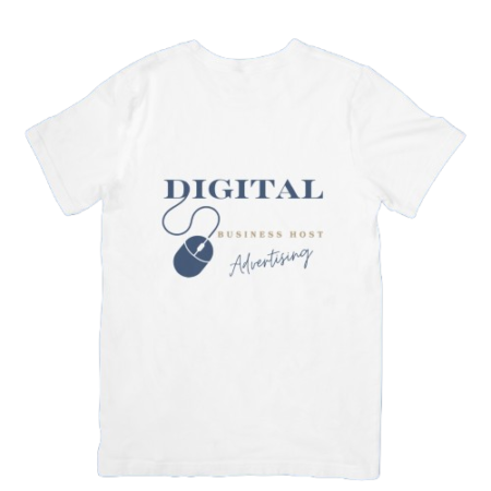 A white t-shirt with a company logo written Digital Business Host-advertising, with a blue computer mouse