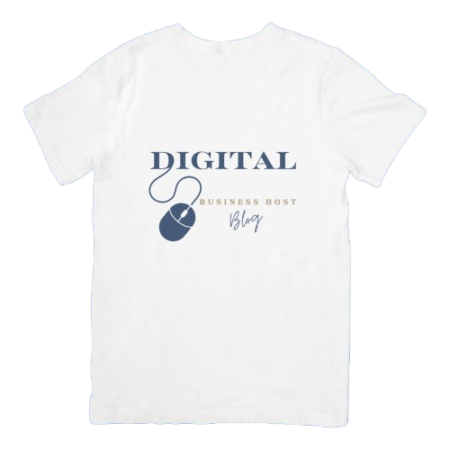 A white t-shirt with a company logo written Digital Business Host-blog, with a blue computer mouse